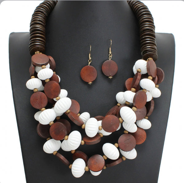 Round Wood Beaded Statement Necklace