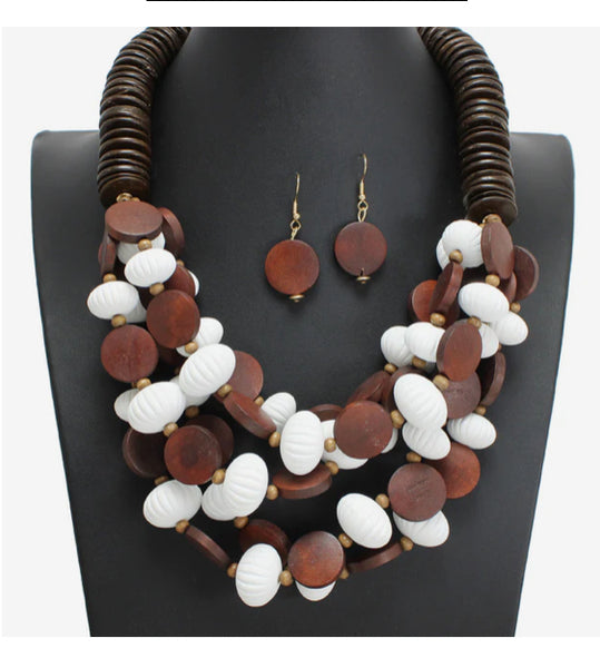Round Wood Beaded Statement Necklace & Earring Set