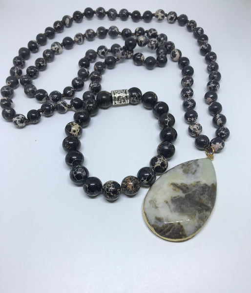 Emperor Semi Precious Aqua Terra Black Jasper Stones Knotted Stone Drop Pendant Necklaces