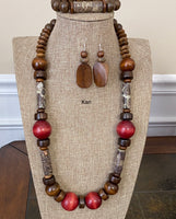 Crazy Lace Agate Gemstone & Natural Wood Necklace Set