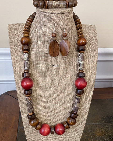 Crazy Lace Agate Gemstone & Natural Wood Necklace Set