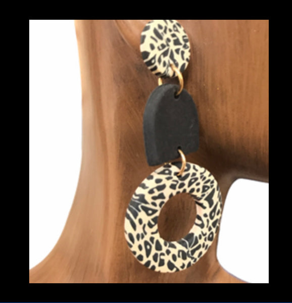 Round Black/Cream Dangle Clay Earrings