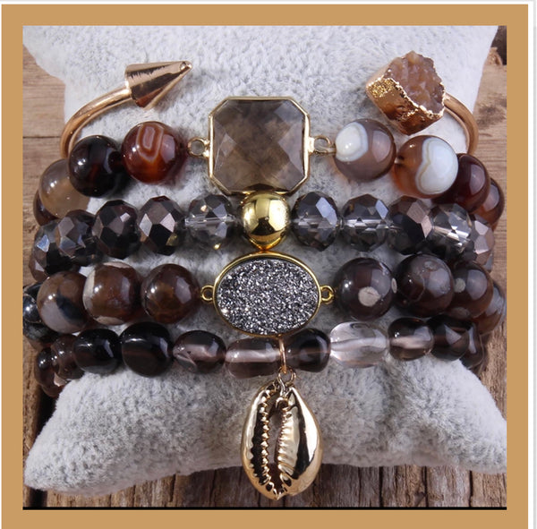 Agate Mixed Stone 5 Piece Bangle Style Bracelet Set