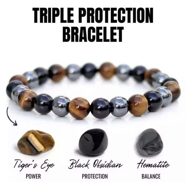 Natural Stone Bracelet Tiger Eye Triple Protection Hematite and Black Obsidian Bracelet