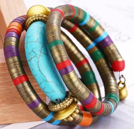 Fashion Natural Stone Vintage Colorful Snake Bangle Bracelet