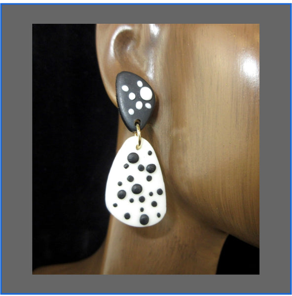 Black And White Dotted Small Teardrop Clay Earrings Earring